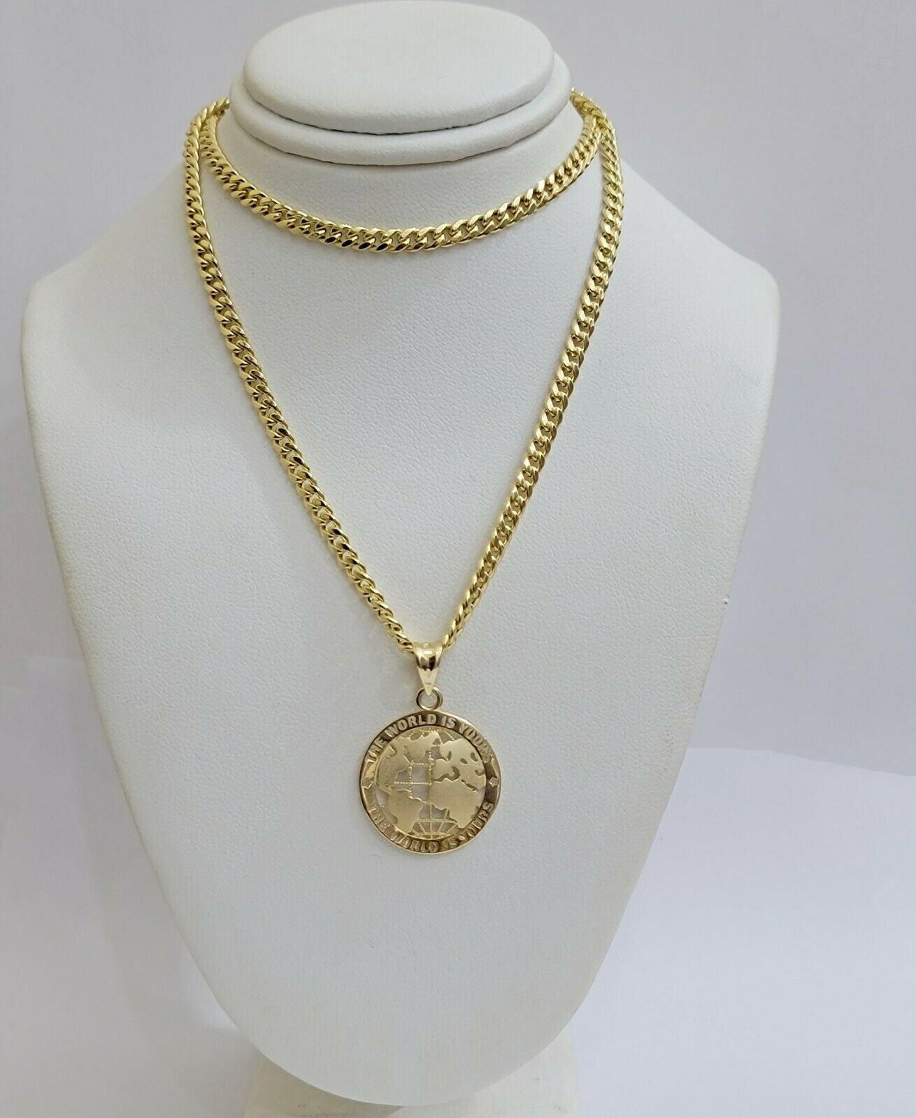 Real 10k Gold Miami Cuban 24" Chain Pendant Set 3.5mm Necklace World Map Charm