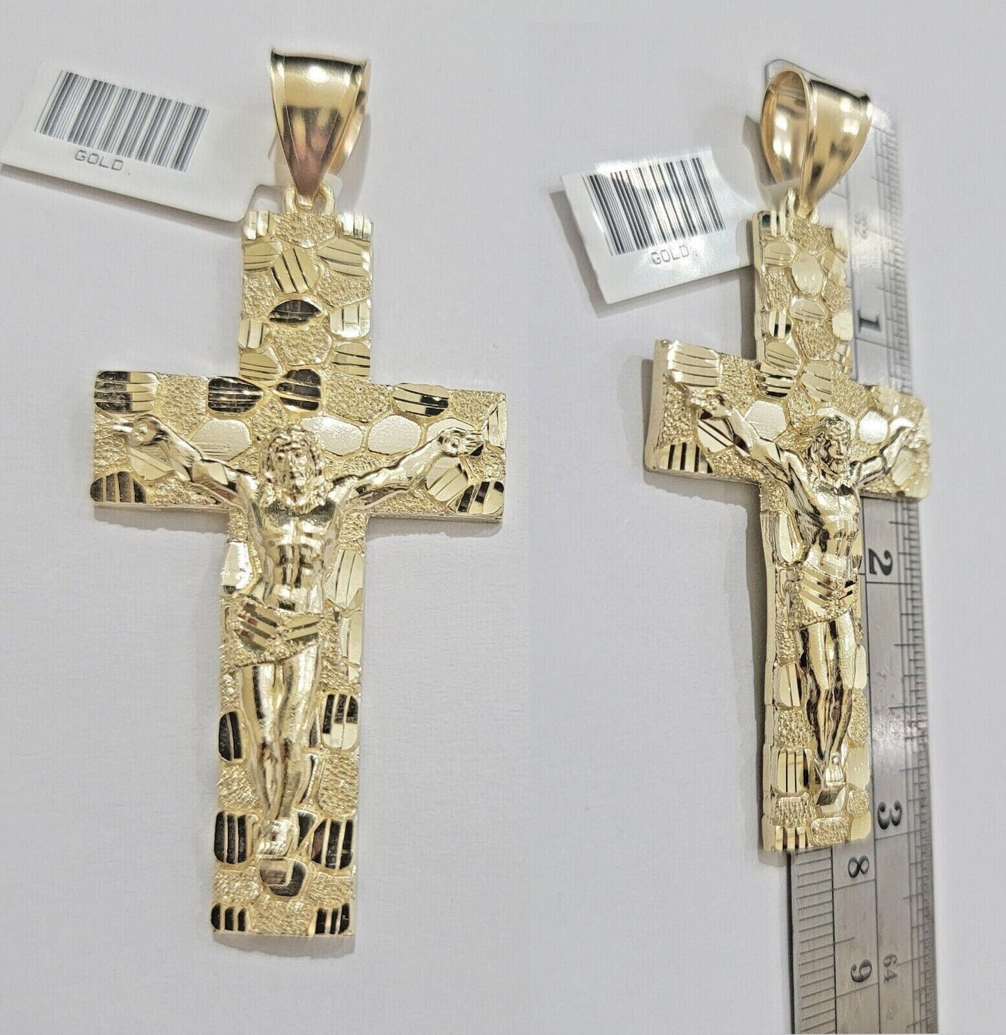 Real 10k Yellow Gold  Byzantine Chain Nugget Cross Charm Pendant Necklace SETS