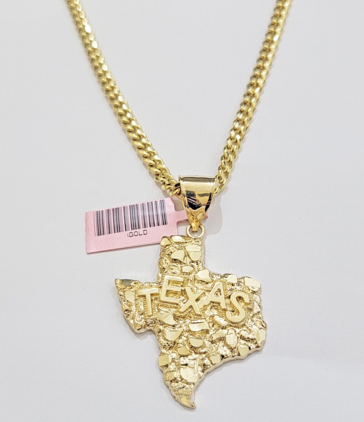 Real 14k Gold Charm Nugget Texas map pendant &14K Miami Cuban Chain Necklace Set