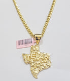 Real 14k Gold Charm Nugget Texas map pendant &14K Miami Cuban Chain Necklace Set