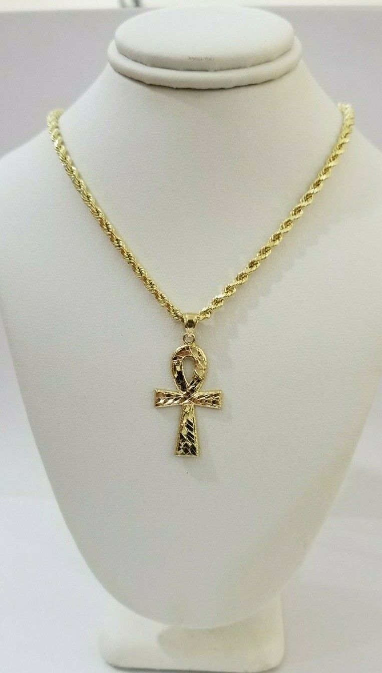 REAL 10k Yellow Gold Rope Chain Ankh Cross Charm Pendant 3mm Necklace Set 16-28