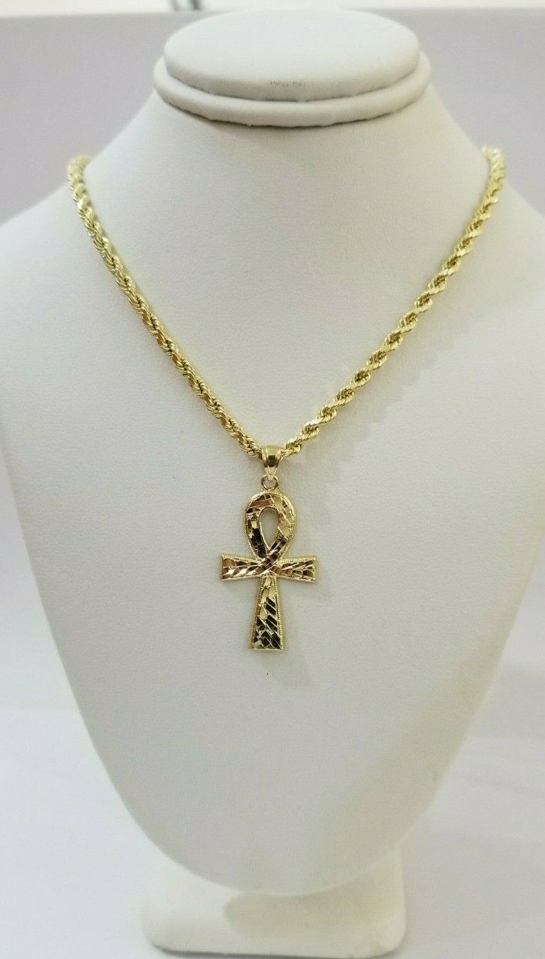 REAL 10k Yellow Gold Rope Chain Ankh Cross Charm Pendant 3mm Necklace Set 16-28"