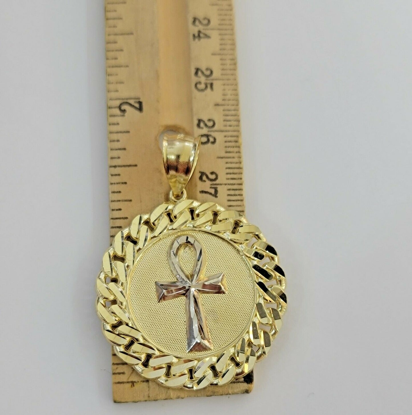 Mens Real 10kt Yellow Gold Ankh Cuban Pendant Charm Medallion Round 10k, Dia Cut