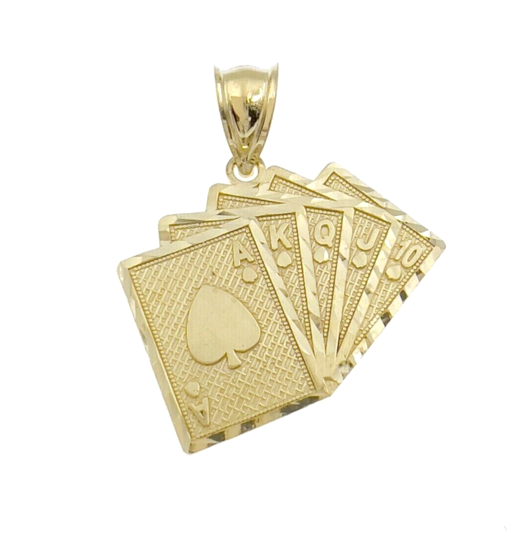 10k Yellow Gold Charm Poker Pendant Card Royal Flush REAL 10KT