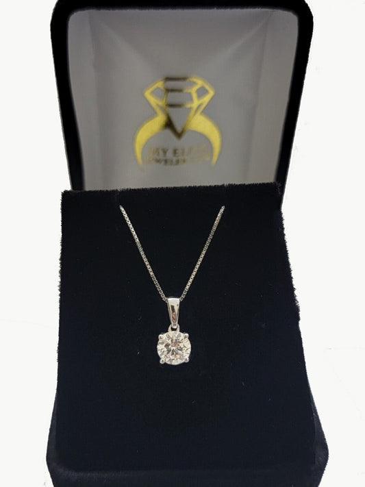 1CT Solitaire Lab Grown Diamond Pendant Ladies Charm 14k White Gold With Chain