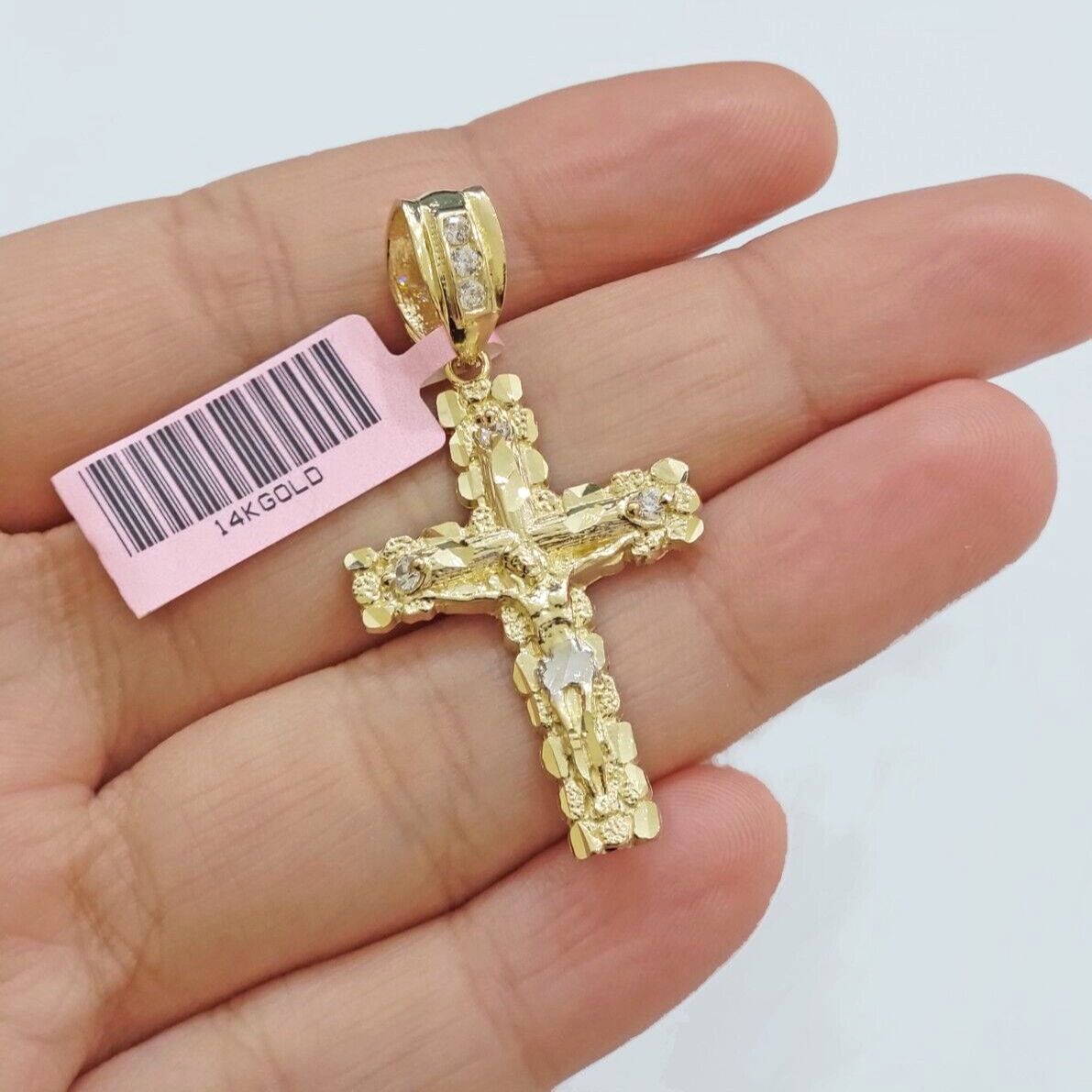 14k Yellow Gold Cross Nugget Pendant Jesus Crucifix 1.5 Inch 14kt Charm Men REAL