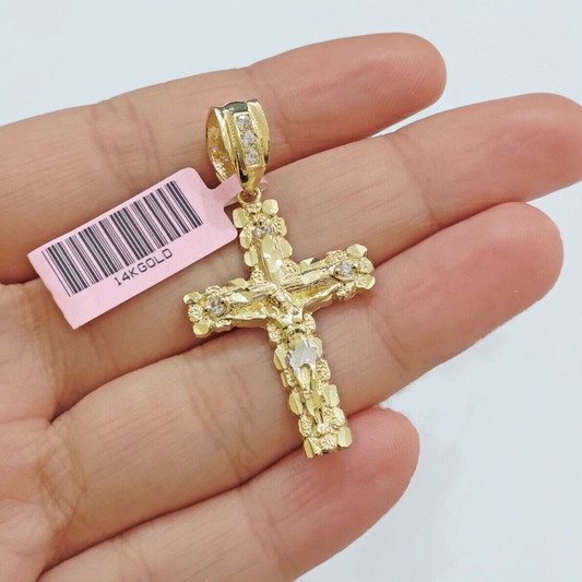 14k Yellow Gold Cross Nugget Pendant Jesus Crucifix 1.5 Inch 14kt Charm Men REAL
