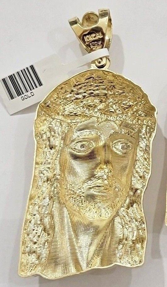 Real 10k Gold Pendant Jesus Head Charm 10kt Yellow Gold 3.1 Inch Long For Men's