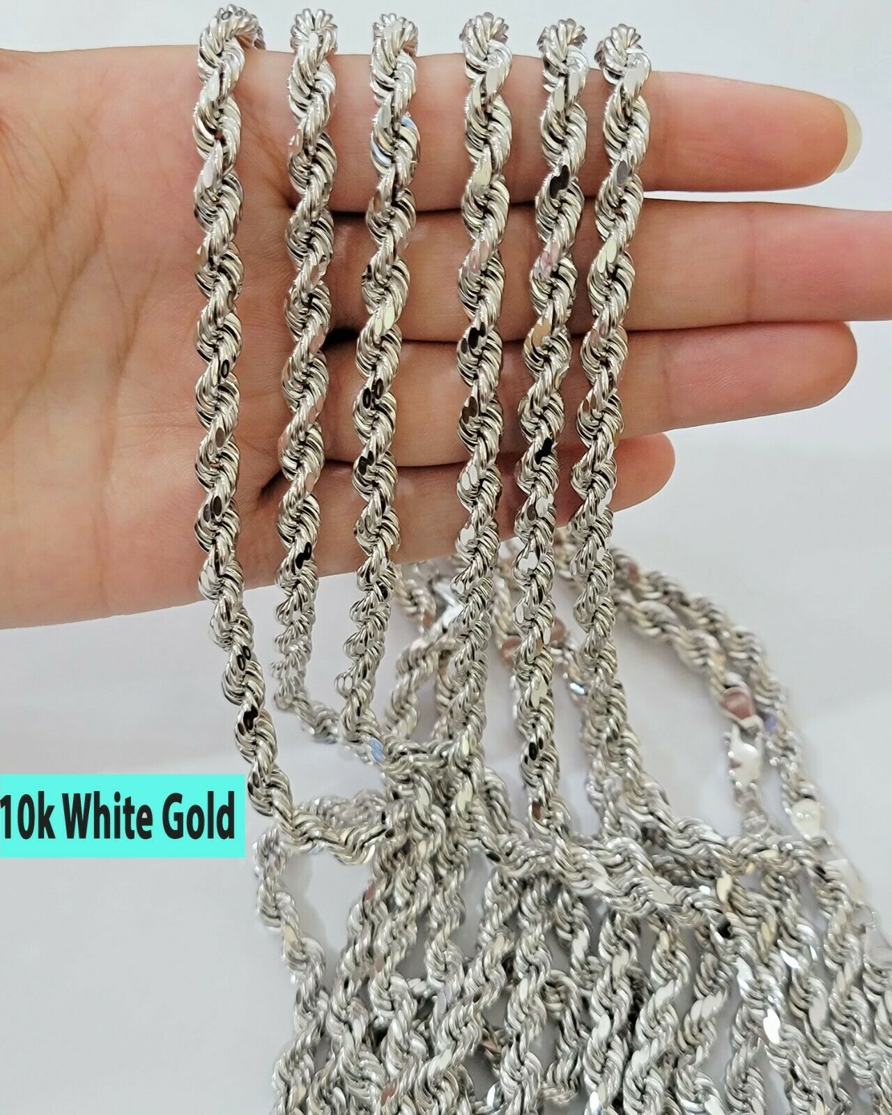 Real Gold 10k Rope Necklace Men's Chain 6mm 20" 22" 24" White Gold Diamond Cuts