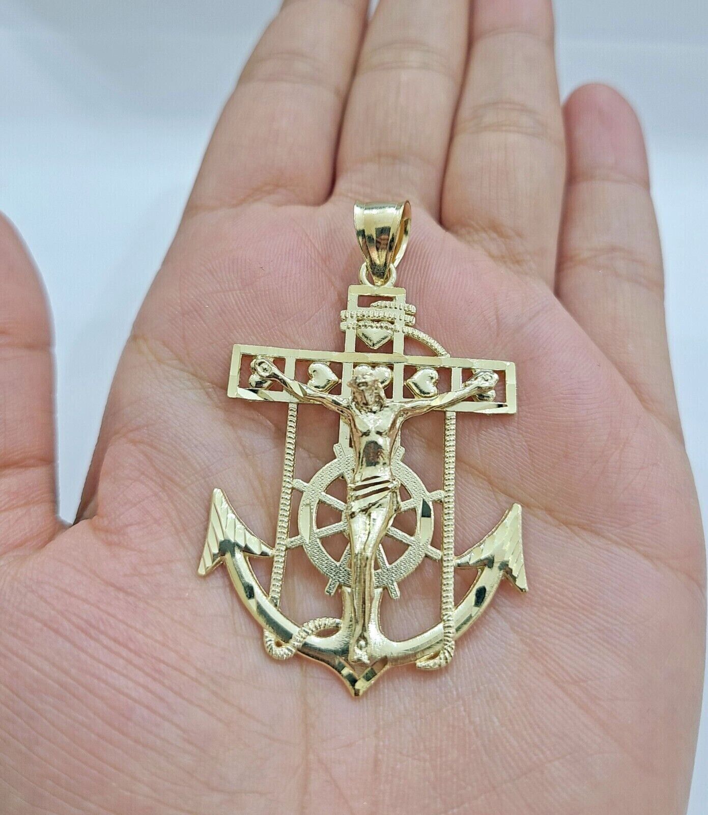 Solid 10k Yellow Gold Charm Anchor Pendant Mens Real 10 KT With Jesus crucifix
