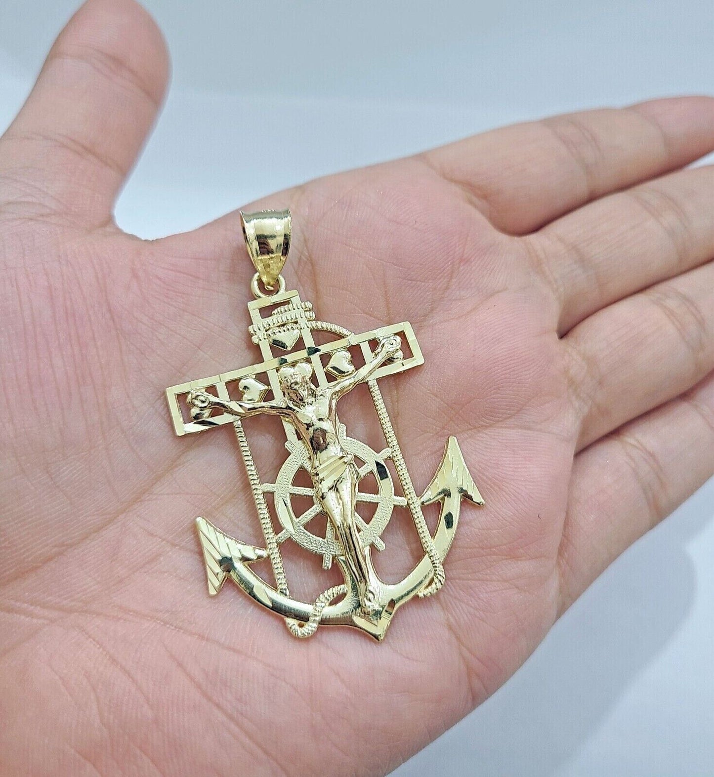 Solid 10k Yellow Gold Charm Anchor Pendant Mens Real 10 KT With Jesus crucifix