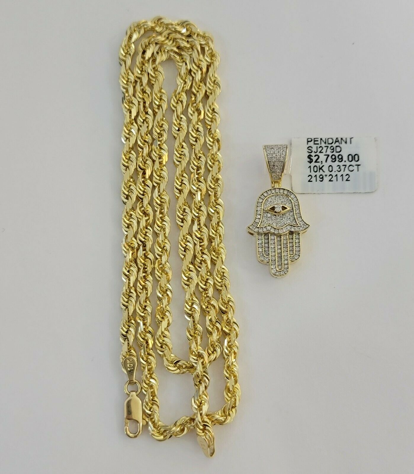 Solid 10k Gold Rope Chain Diamond Pendant Hamza Hand Charm Necklace 22" SET REAL