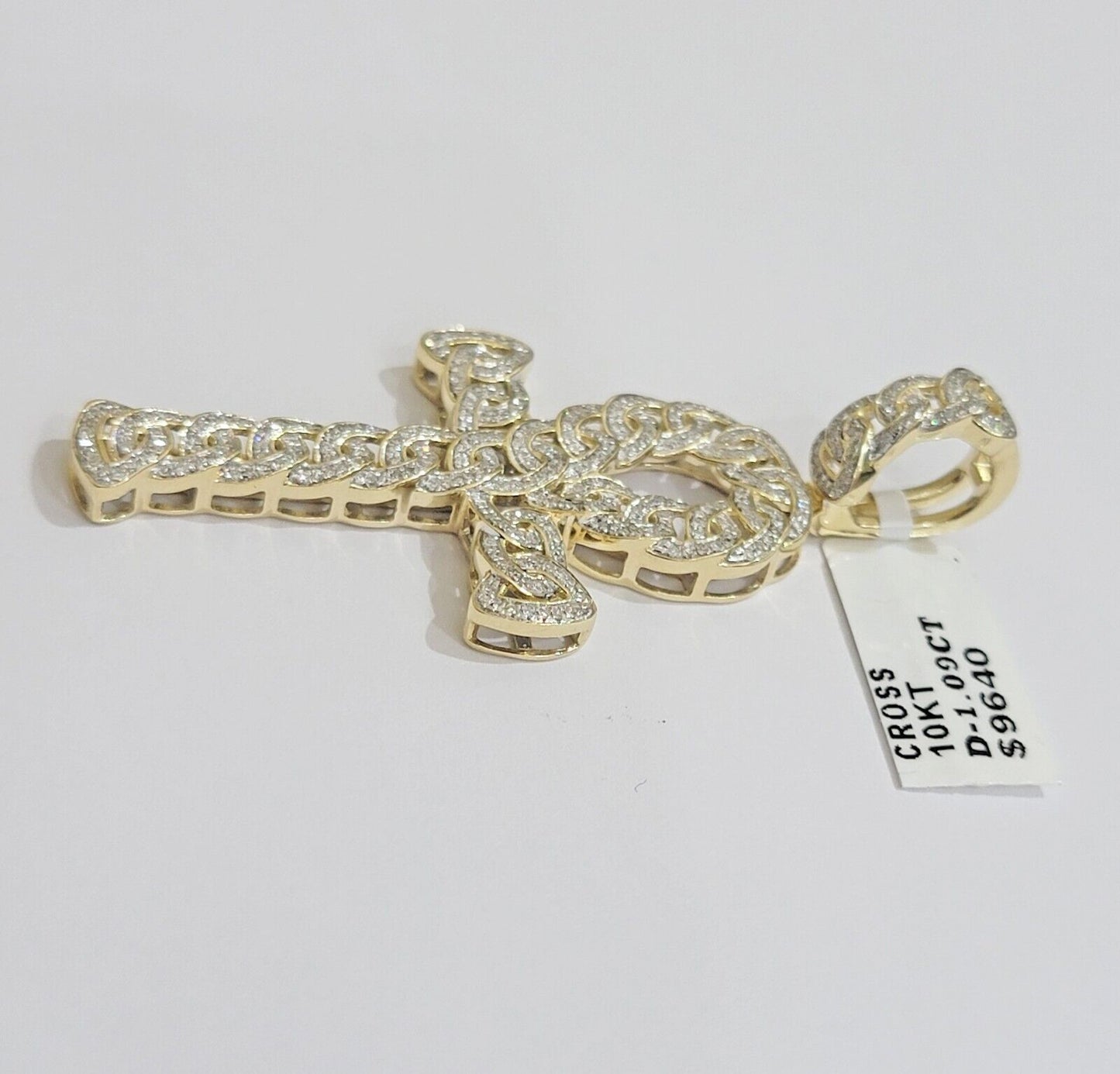 Real 10k Yellow Gold Diamond Ankh Cross Charm Pendant 1.08 CT Mens 2.5Inch