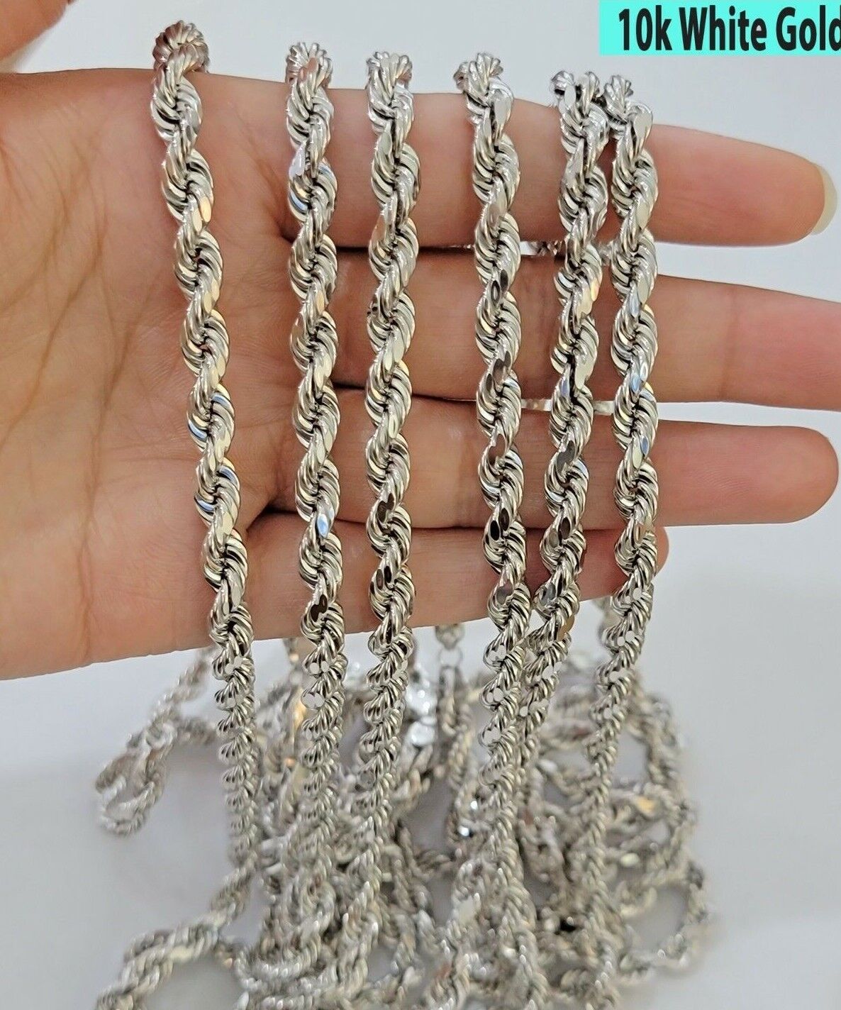 Real 10k White Gold Rope Chain Necklace 22 Inch 6mm Diamond Cuts Mens 10KT SOLID