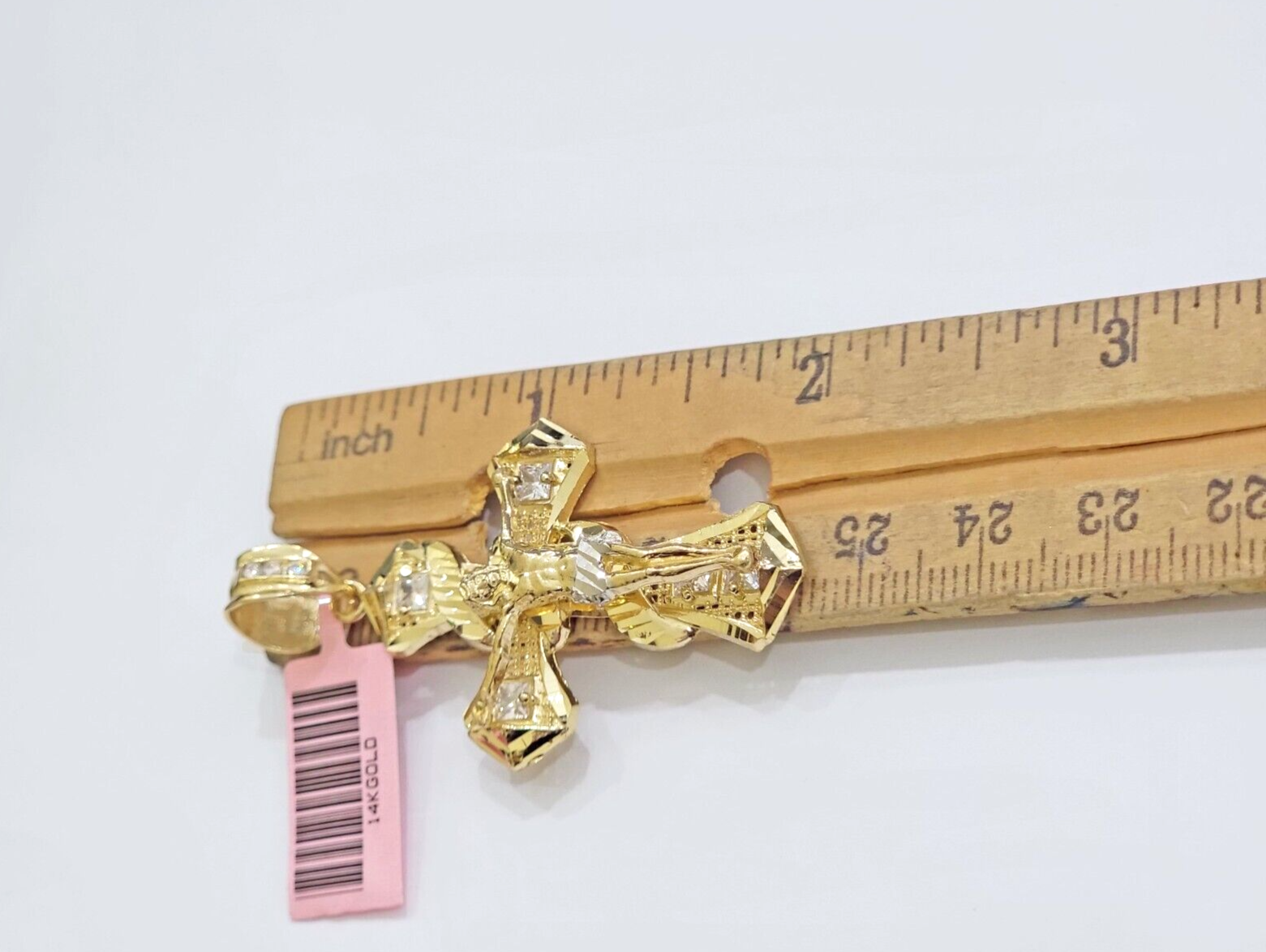 14k Yellow Gold Cross Charm Jesus Pendant 2 Inch CZ Crucifix For Chain 14kt SALE
