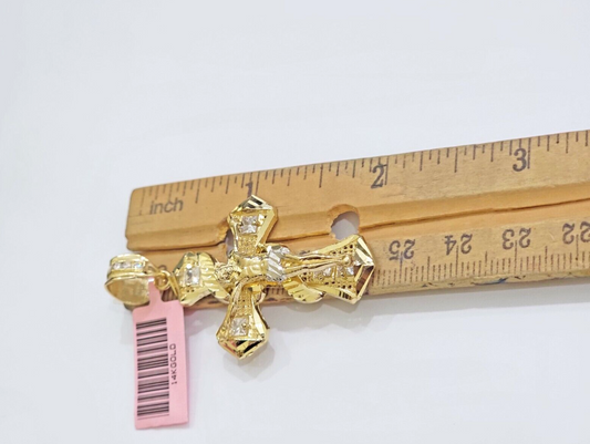 14k Yellow Gold Cross Charm Jesus Pendant 2 Inch CZ Crucifix For Chain 14kt SALE
