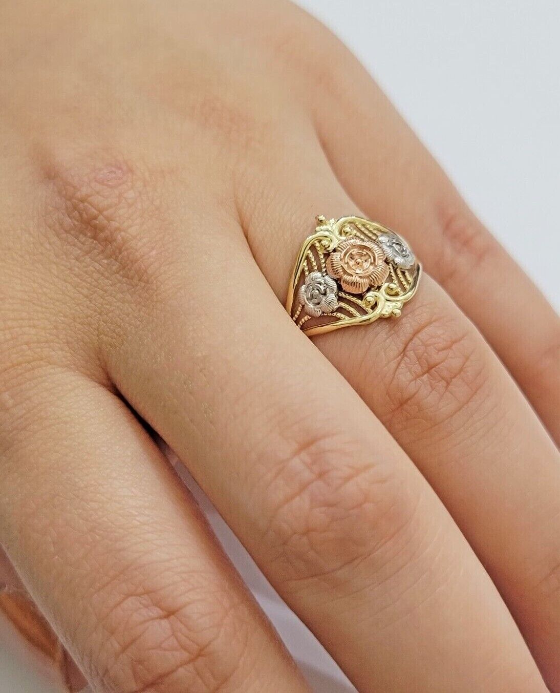 10k Trio Gold Lady Flower Ring Womens Casual Yellow Band Real 10kt Unique Design
