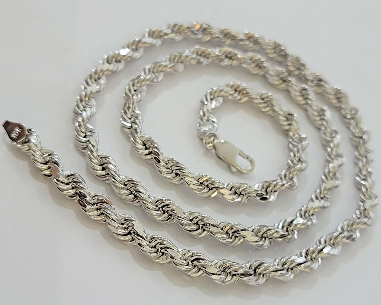 Real  10k White Gold Rope Chain Necklace Solid 6mm  22"  Diamond Cuts Men's 10KT