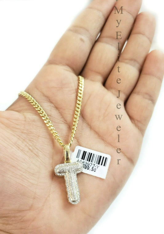 10 K Gold 3mm Chain 0.24 CT Diamond Initial T Charm Alphabet Men's Ladies Letter