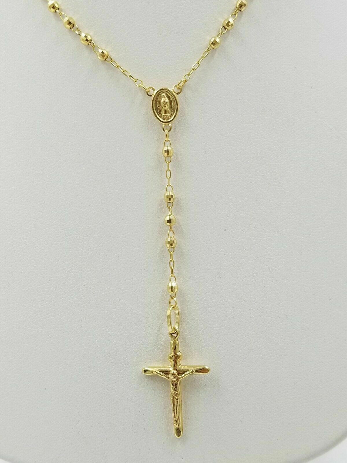 REAL 14KT Yellow Gold Rosary Necklace Ladies 24" Virgin Mary Jesus Cross Chain