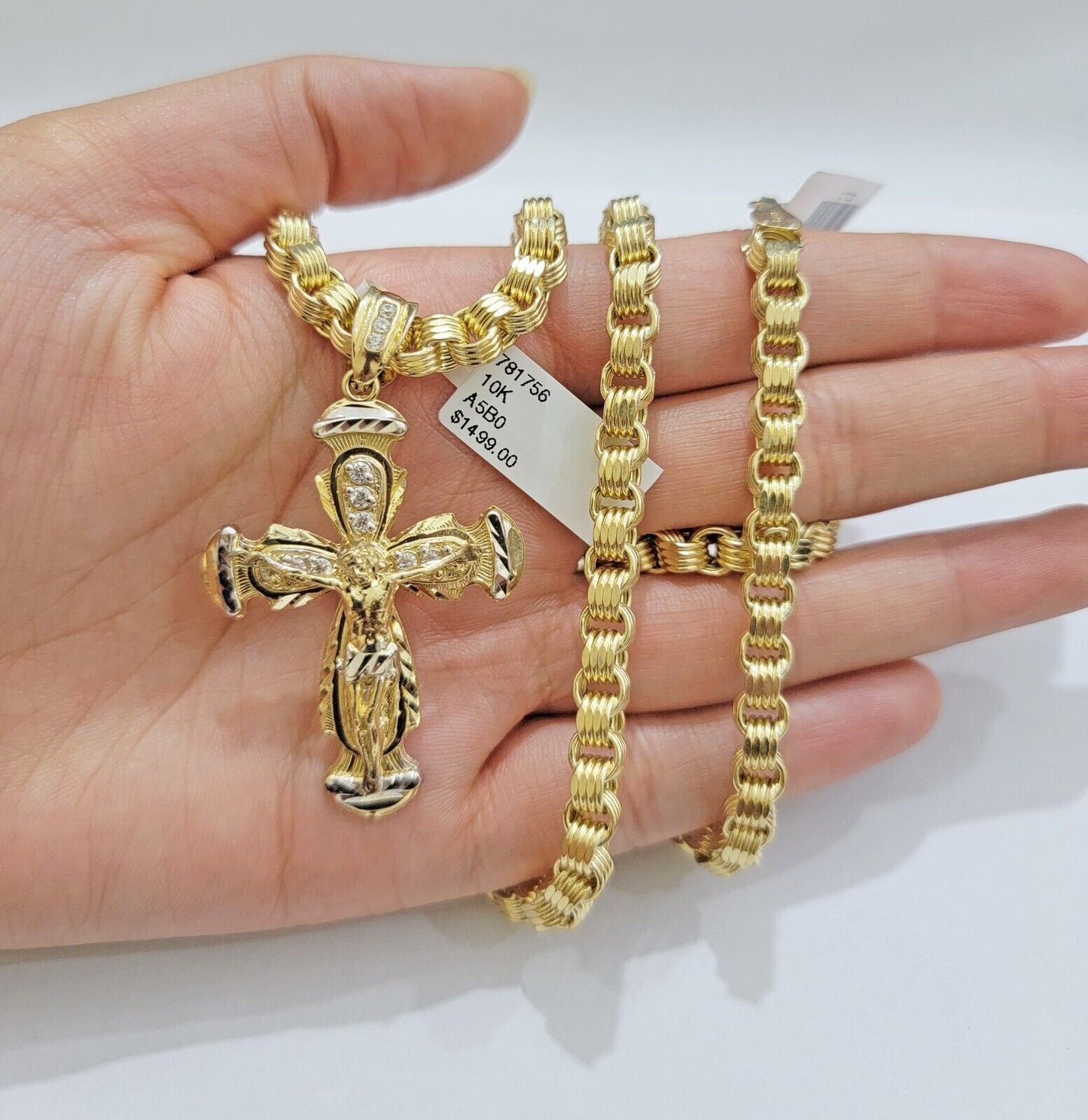 REAL 10k Gold byzantine Chain Cross Pendant Set 5mm Necklace & Jesus Crucifix