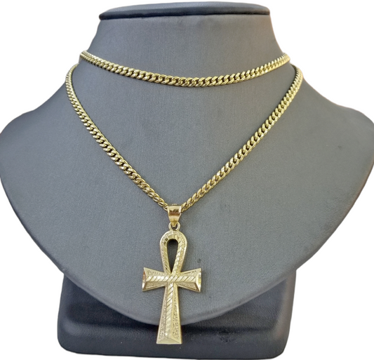 Real 14k Yellow Gold Ankh charm pendant 1.75 Inch Diamond Cuts Charm for Chains