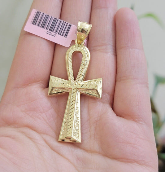 Real 10k Yellow Gold Ankh charm pendant 2.2 Inches Diamond Cuts Charm for Chains