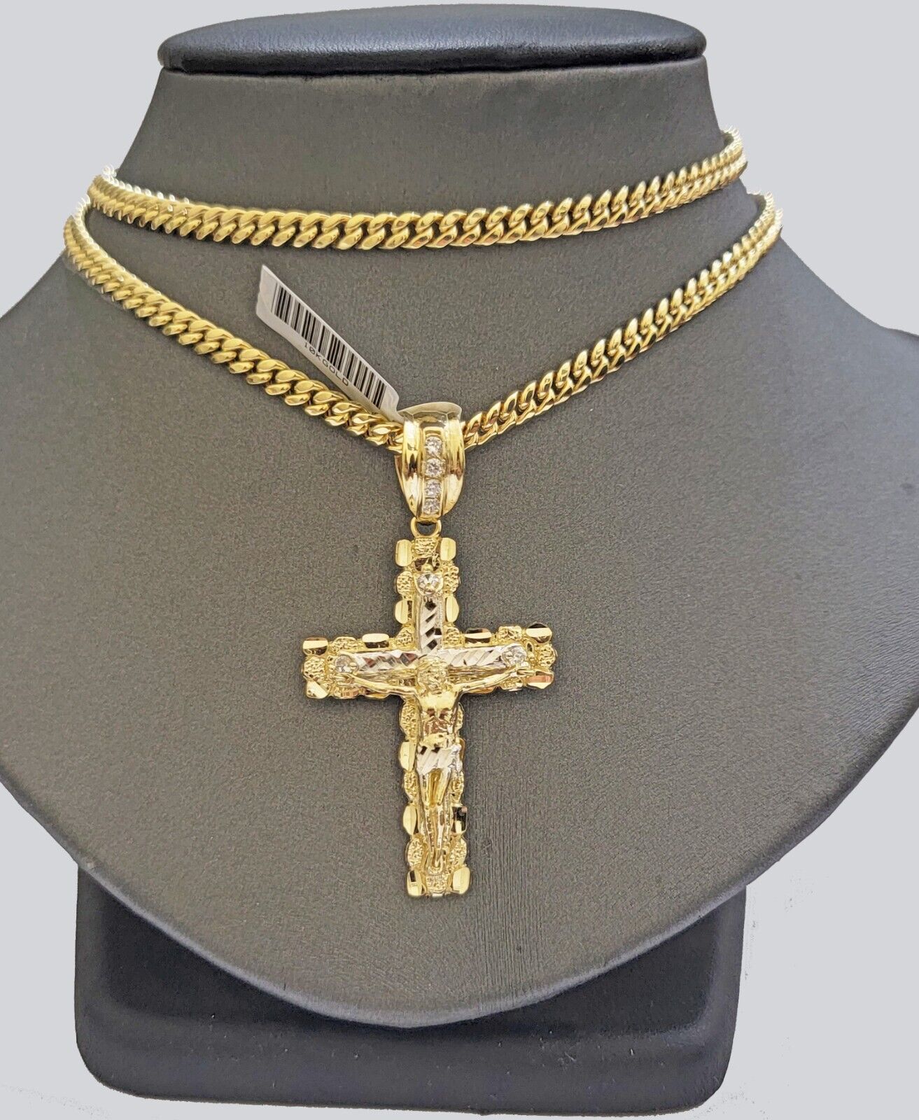 Real 14k Gold Nugget Cross pendant Cuban Link Chain 4.5mm 24