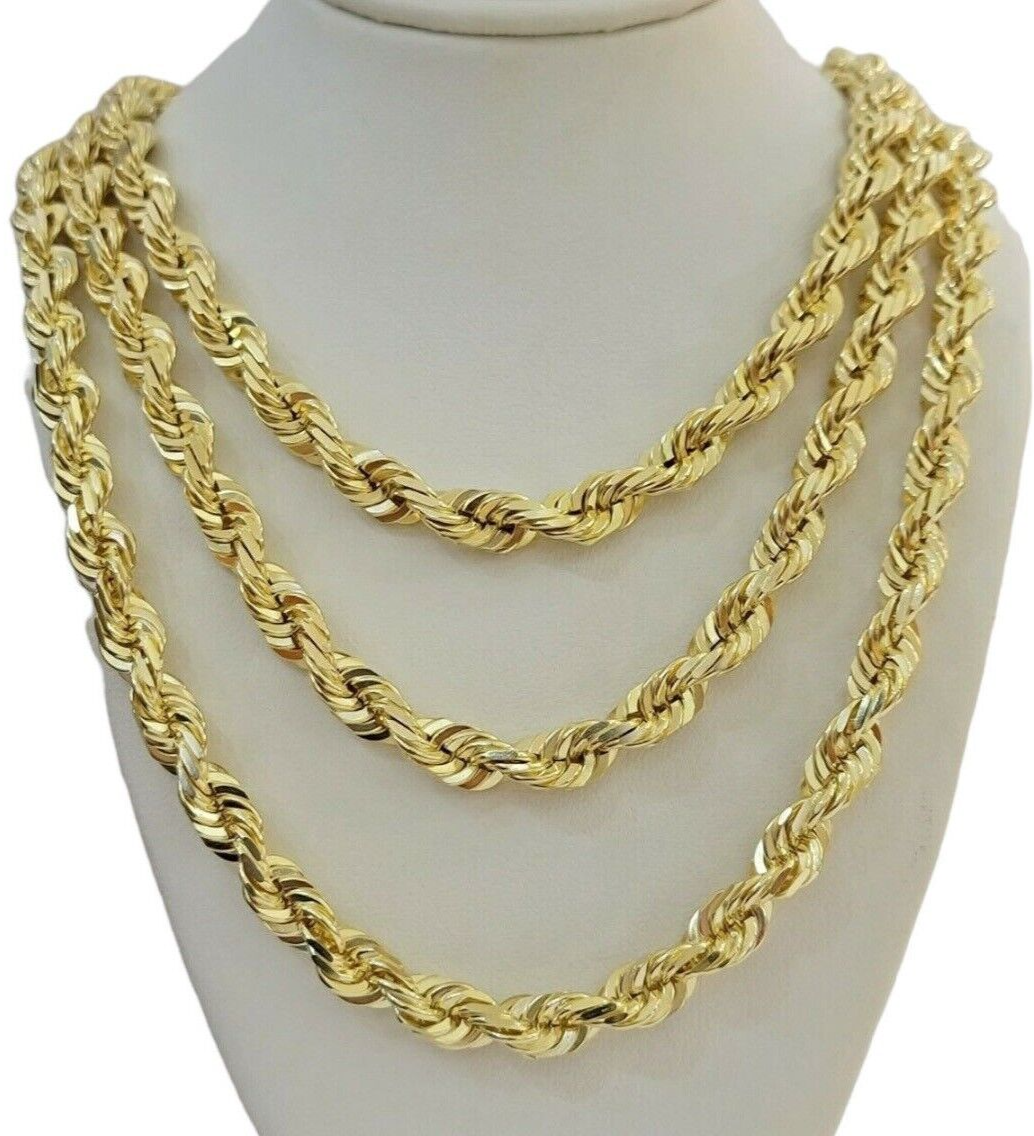 7mm Rope chain Necklace Solid 10k Yellow Gold Diamond cut 26