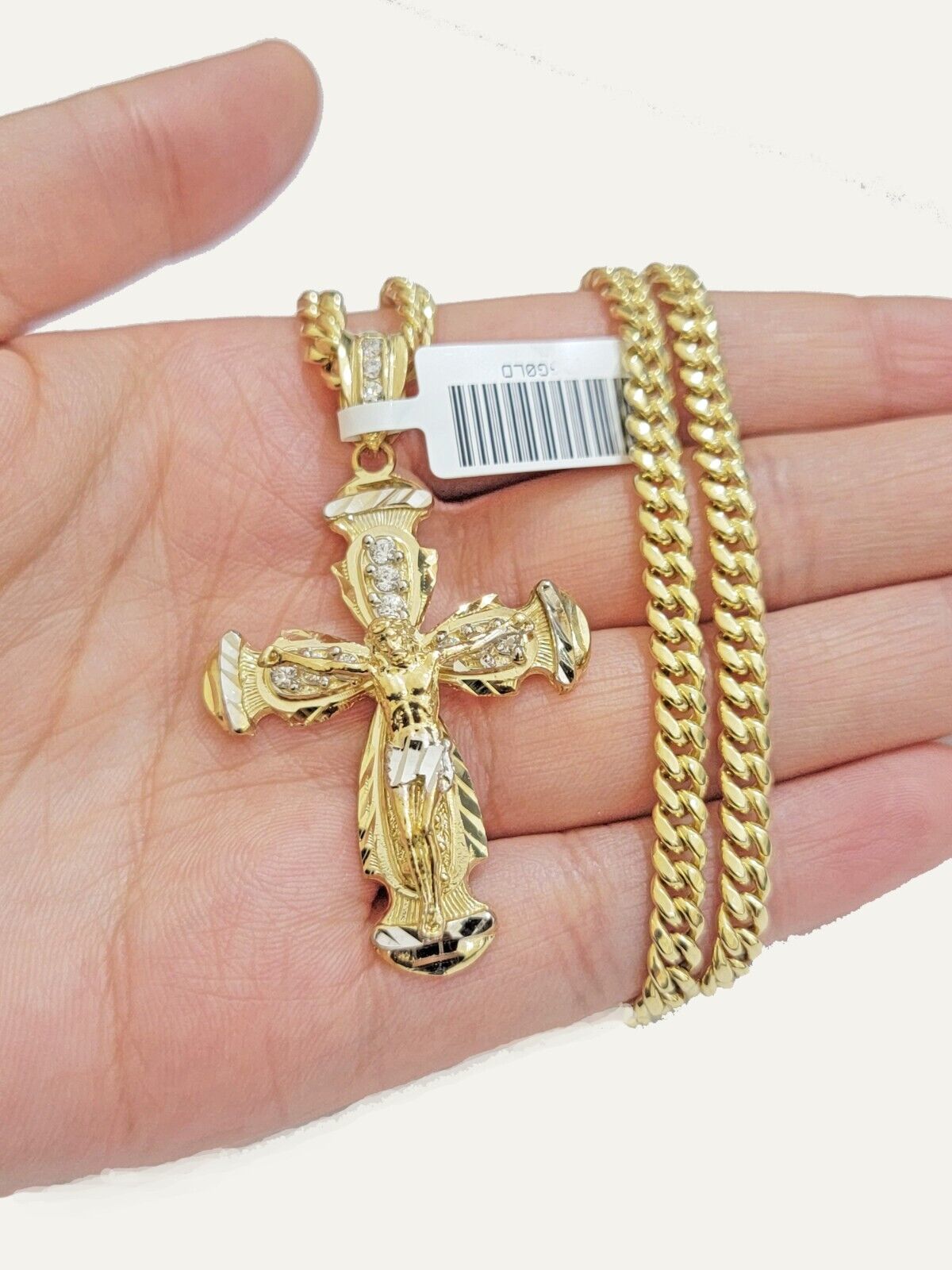 Real 10k Yellow Gold Cross Charm pendant Cuban Link Chain Necklace 5mm 24