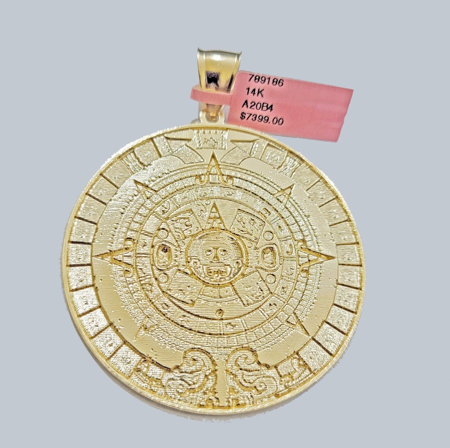 SOLID Real 14kt Yellow Gold Pendant Aztec Mayan Calendar 2.5" Men's Round Charm