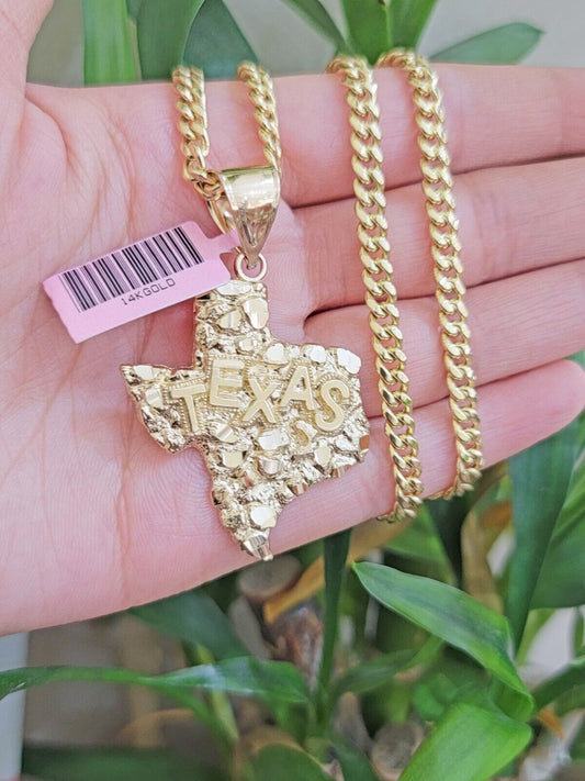 14k Gold Chain & Charm Nugget Texas map pendant Cuban Link Necklace 24 Inch 5mm