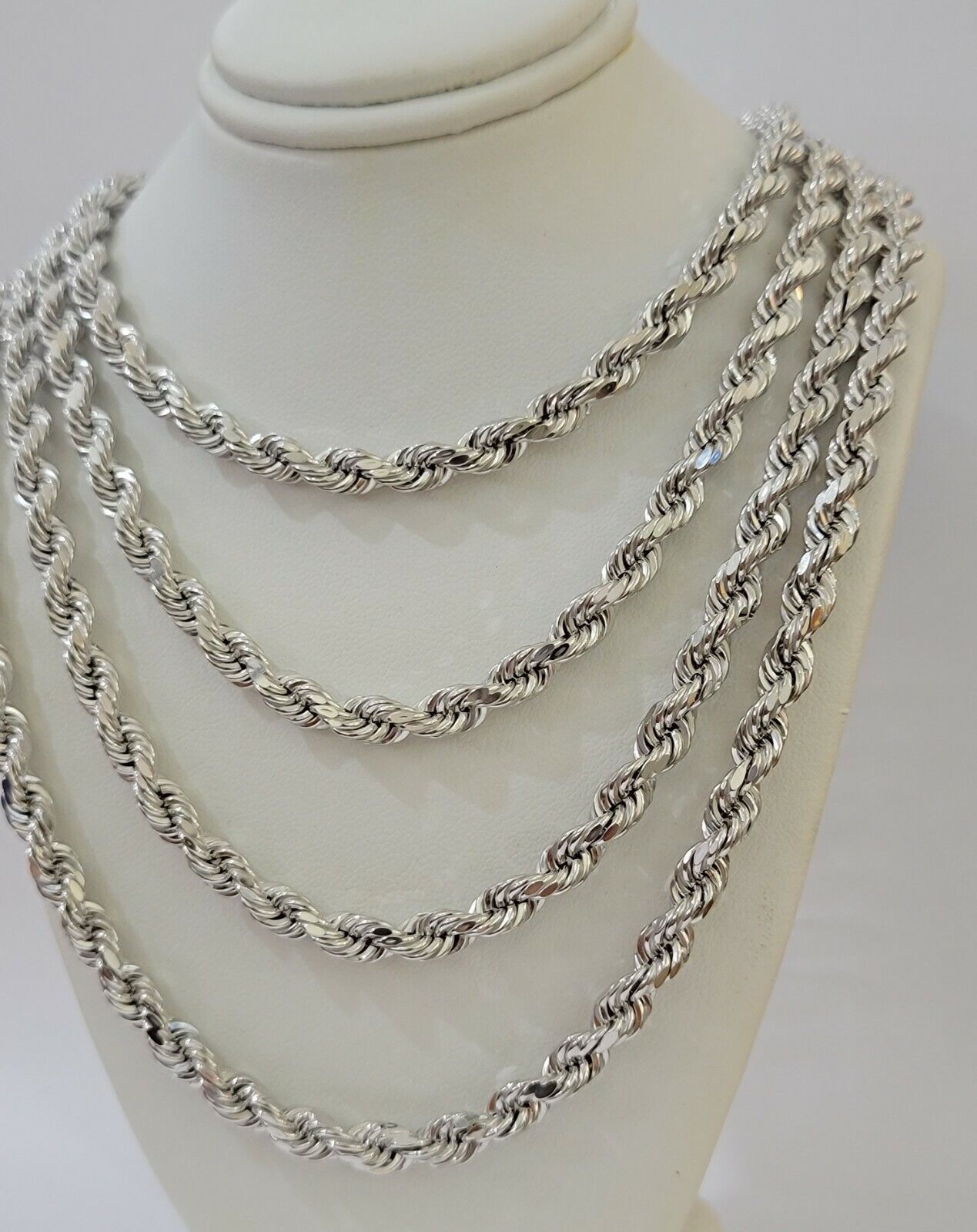 Real  10k White Gold Rope Chain Necklace Solid 6mm  22"  Diamond Cuts Men's 10KT