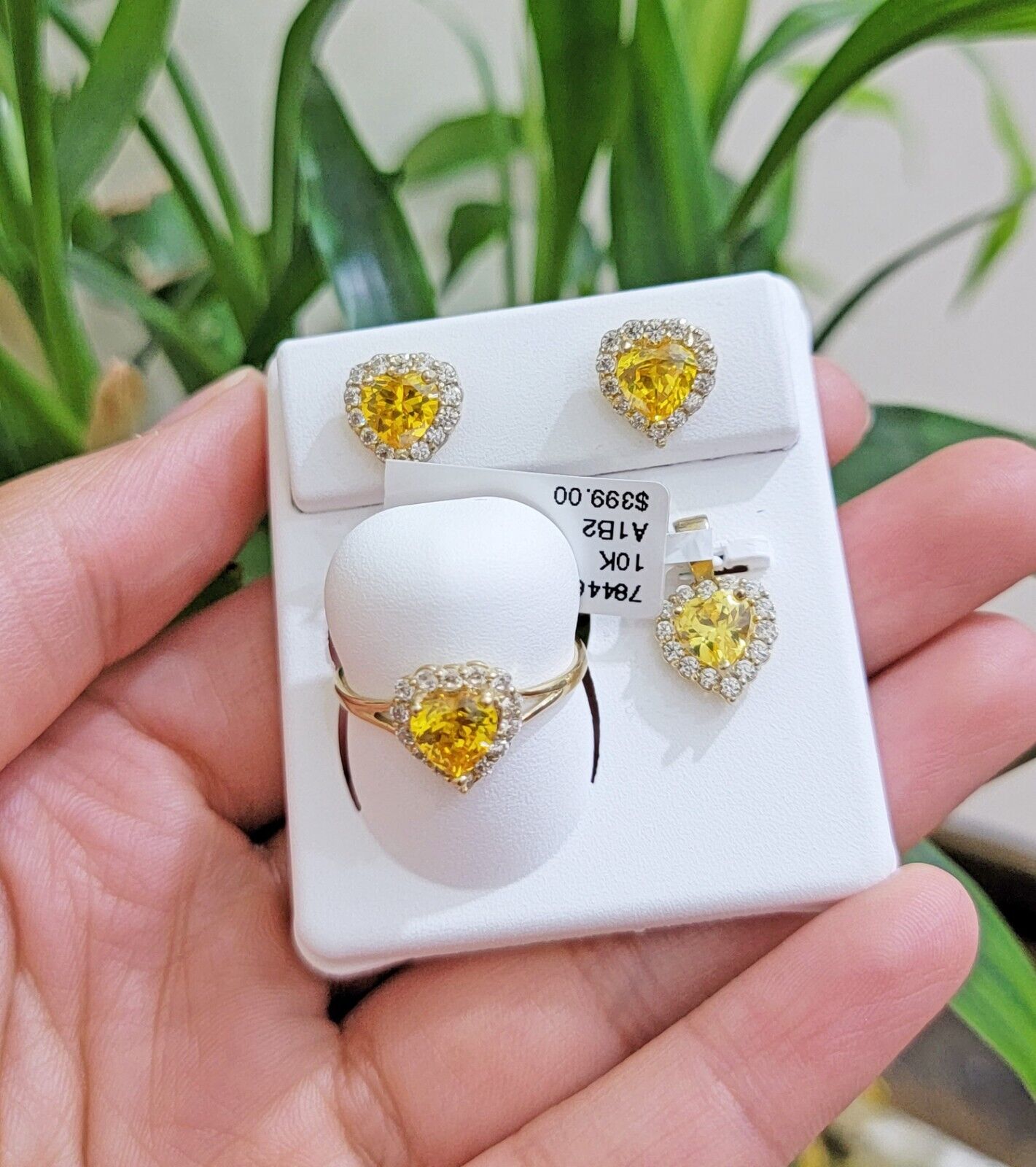 Real 10k Yellow Gold Ladies earring ring & pendant Yellow heart Citrine set 10KT