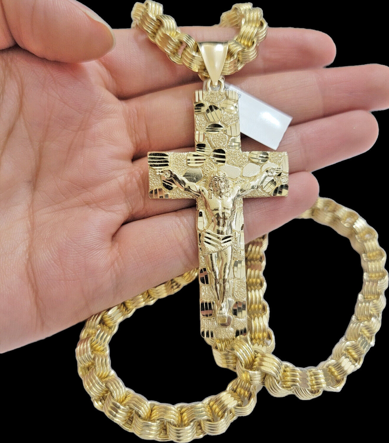 Real 10k Yellow Gold  Byzantine Chain Nugget Cross Charm Pendant Necklace SETS
