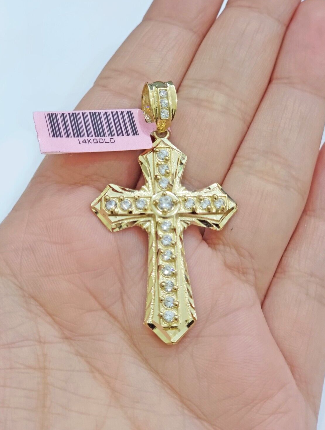 Real 14k Yellow Gold Cross Charm Pendant 2 Inch Diamond Cuts CZ Charm For Chains