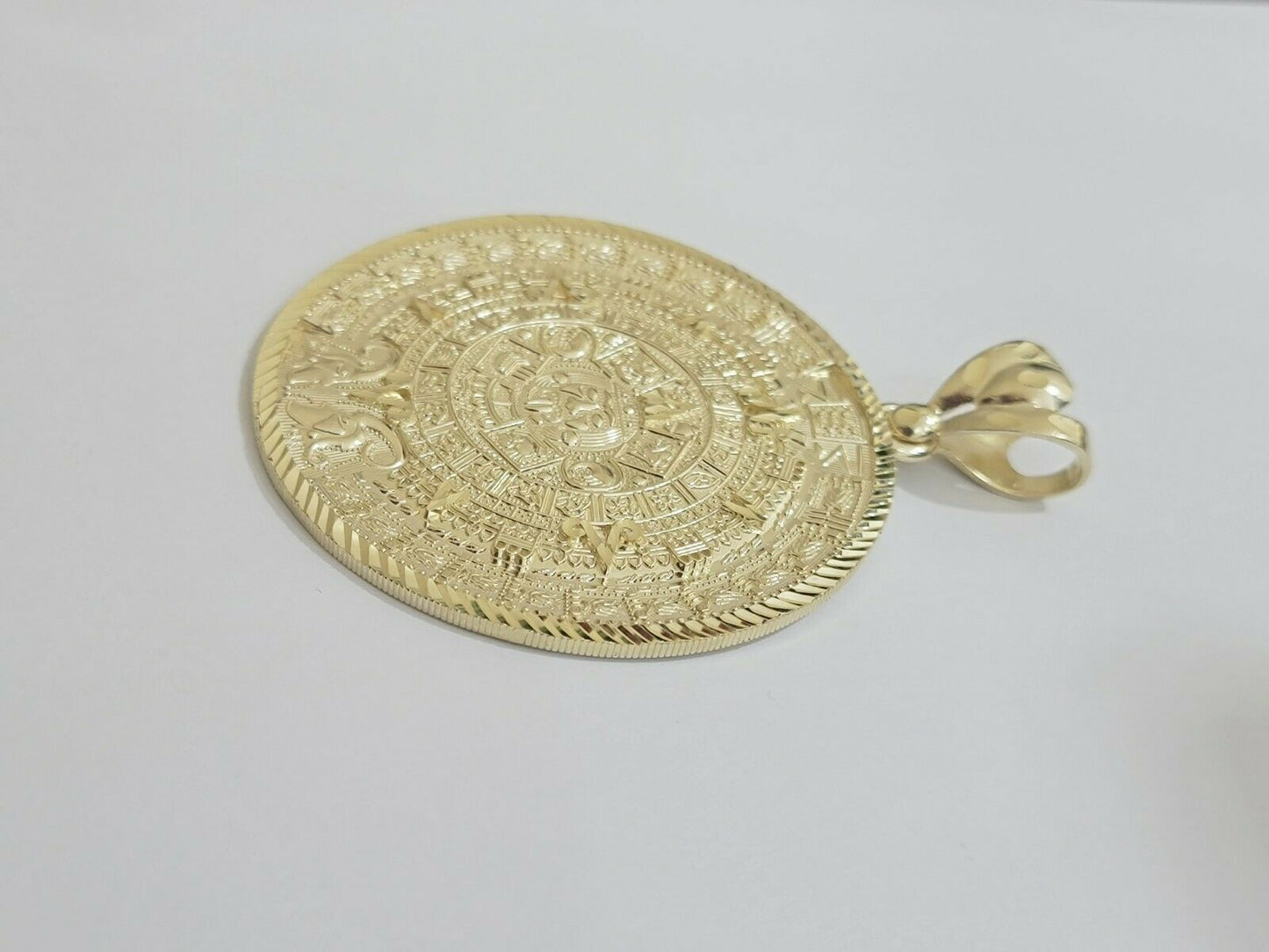 SOLID Real 10kt Yellow Gold Pendant Aztec Mayan Calendar 3" Men Charm 41-44 Gram