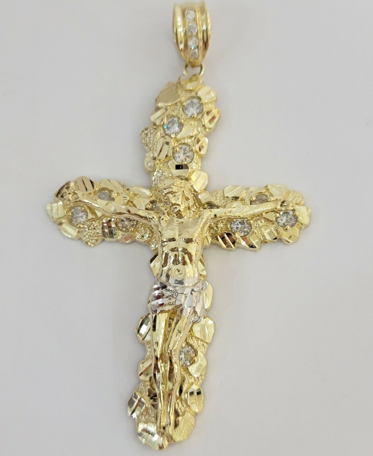 14k Yellow Gold Cross Nugget Jesus Crucifix Pendant 3.5 Inch 14kt Gold Mens REAL