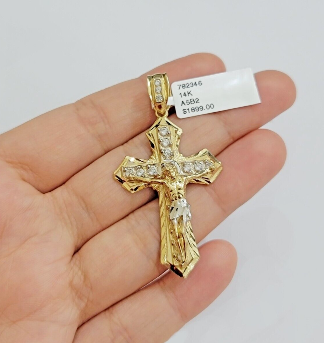 14k Yellow Gold Cross Jesus Crucifix Pendant 2 Inch 14kt CZ Charm
