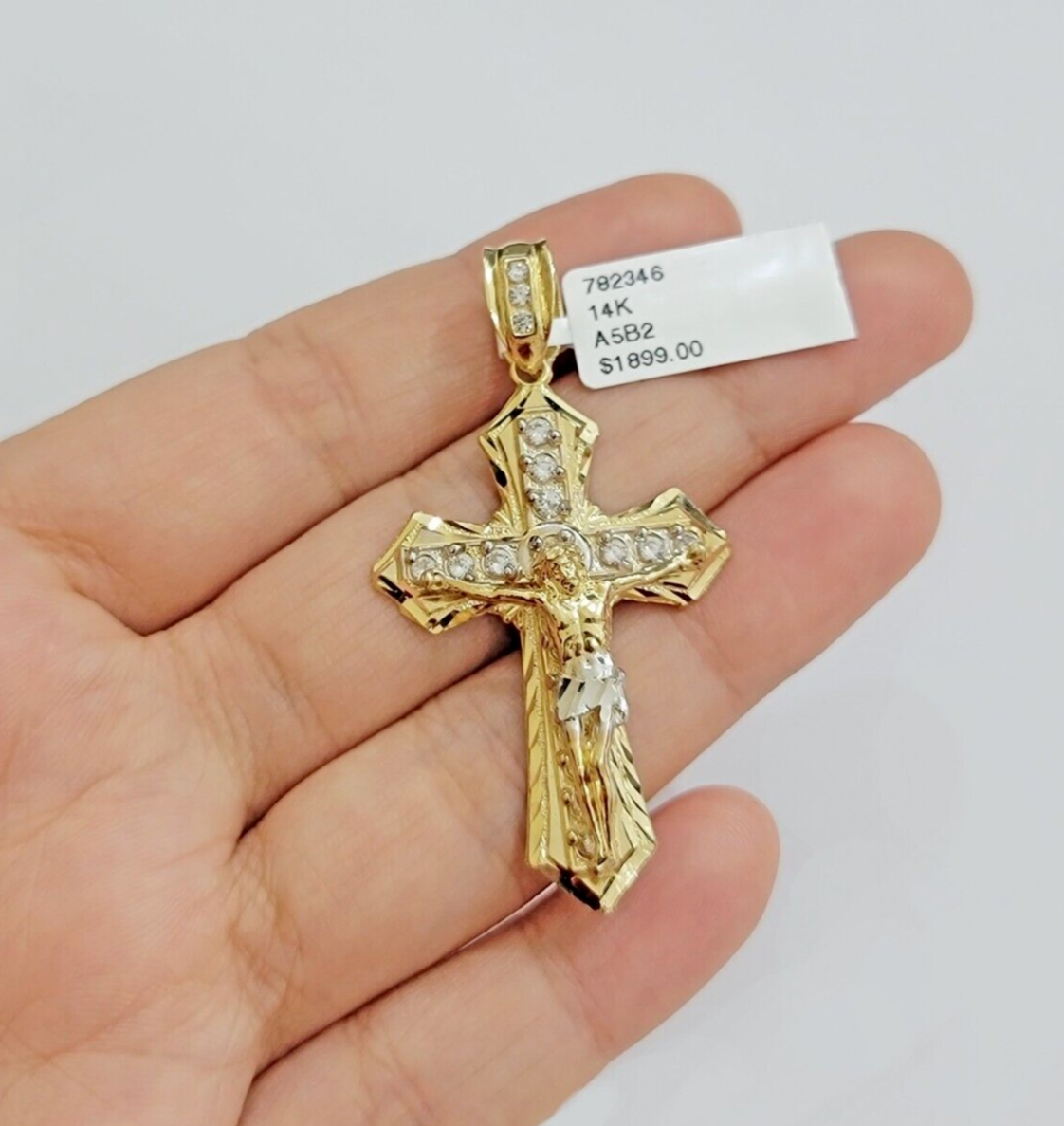 14k Yellow Gold Cross Jesus Crucifix Pendant 2 Inch 14kt CZ Charm Mens REAL 14kt
