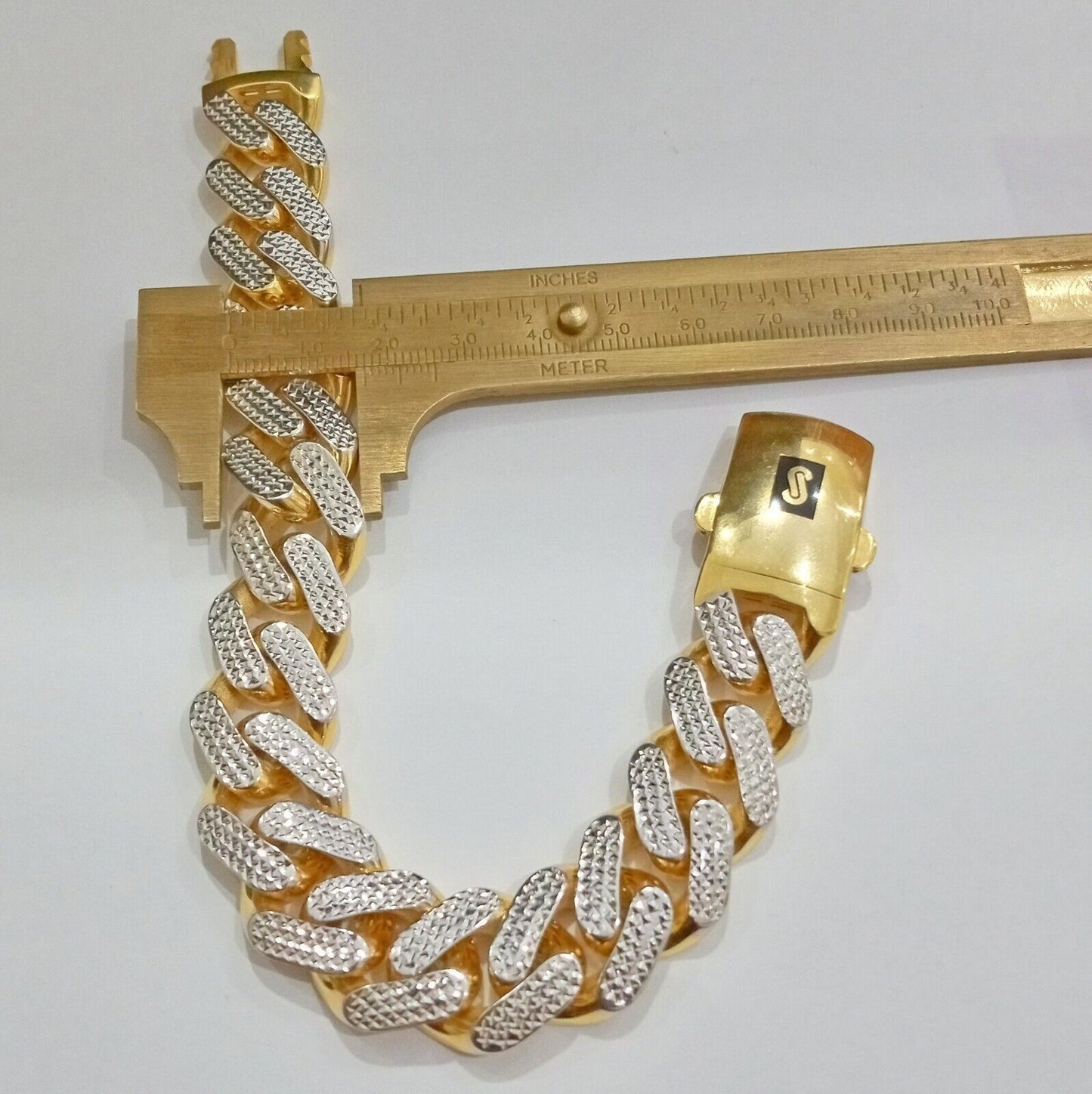 Real 10k Gold Monaco Bracelet 17mm 9" Two-tone Diamond Cut 10kt Royal Cuban link