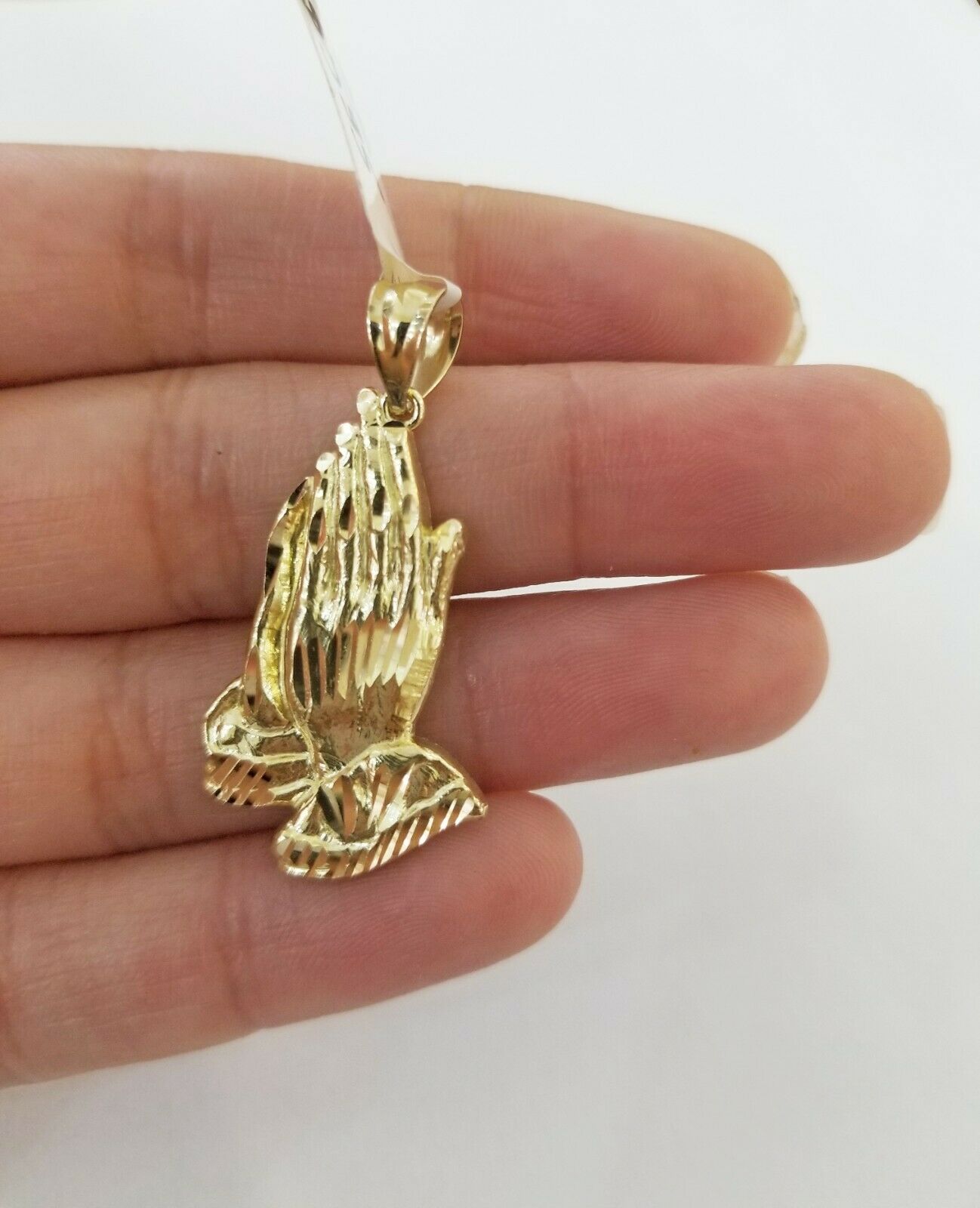 Real 10k Yellow Gold Chain 20" With Charm Praying hand pendant,3mm Rope Necklace