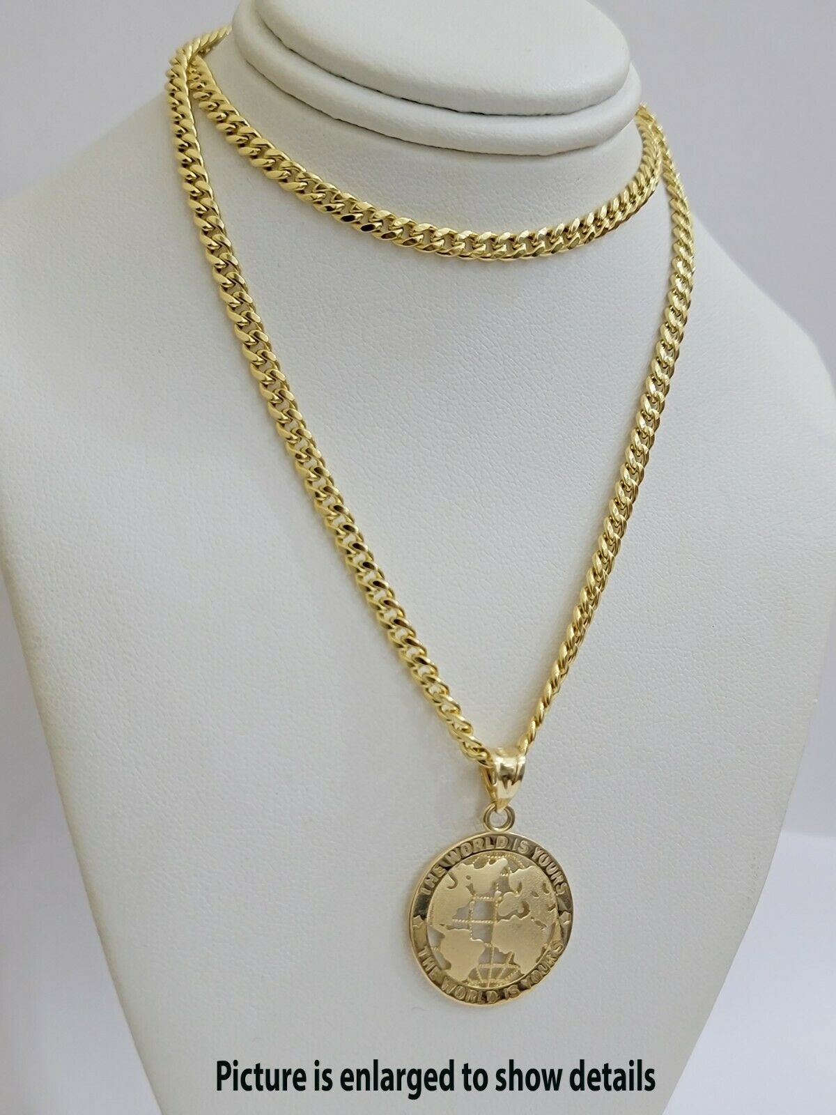 Real 10k Gold Miami Cuban Link Chain Pendant Set 3.5mm Necklace World Map Charm