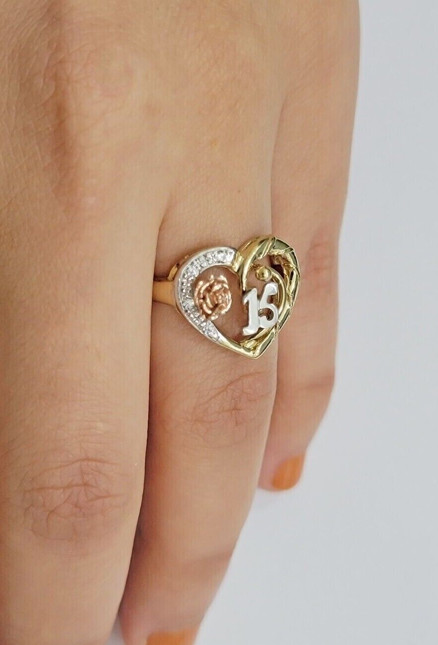 Ladies Ring 10k Gold Quinceanera 15 Anos Year Girls 10KT Yellow Hearts REAL SALE