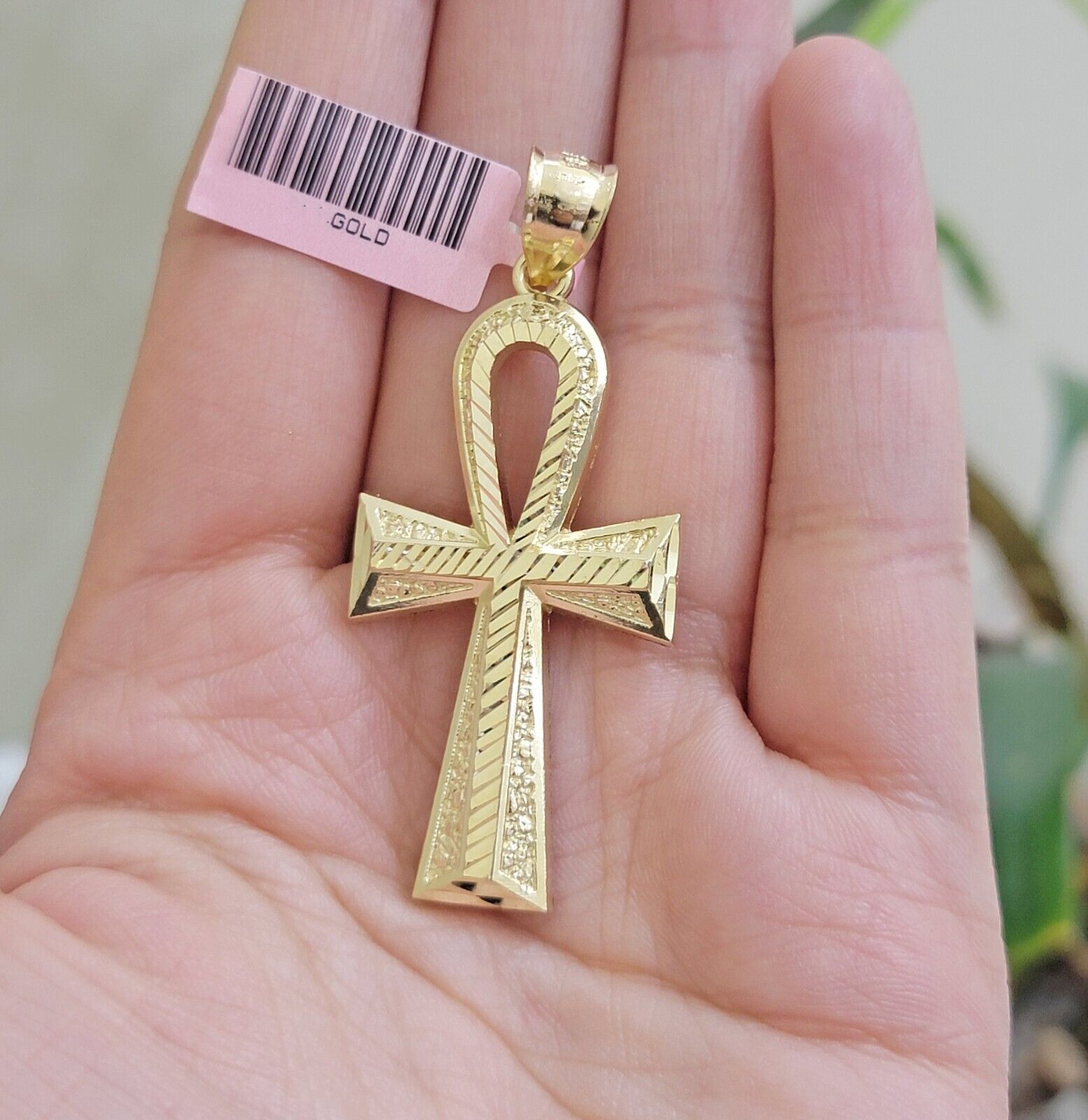 Real 10k Yellow Gold Ankh charm pendant 2.2 Inches Diamond Cuts Charm for Chains