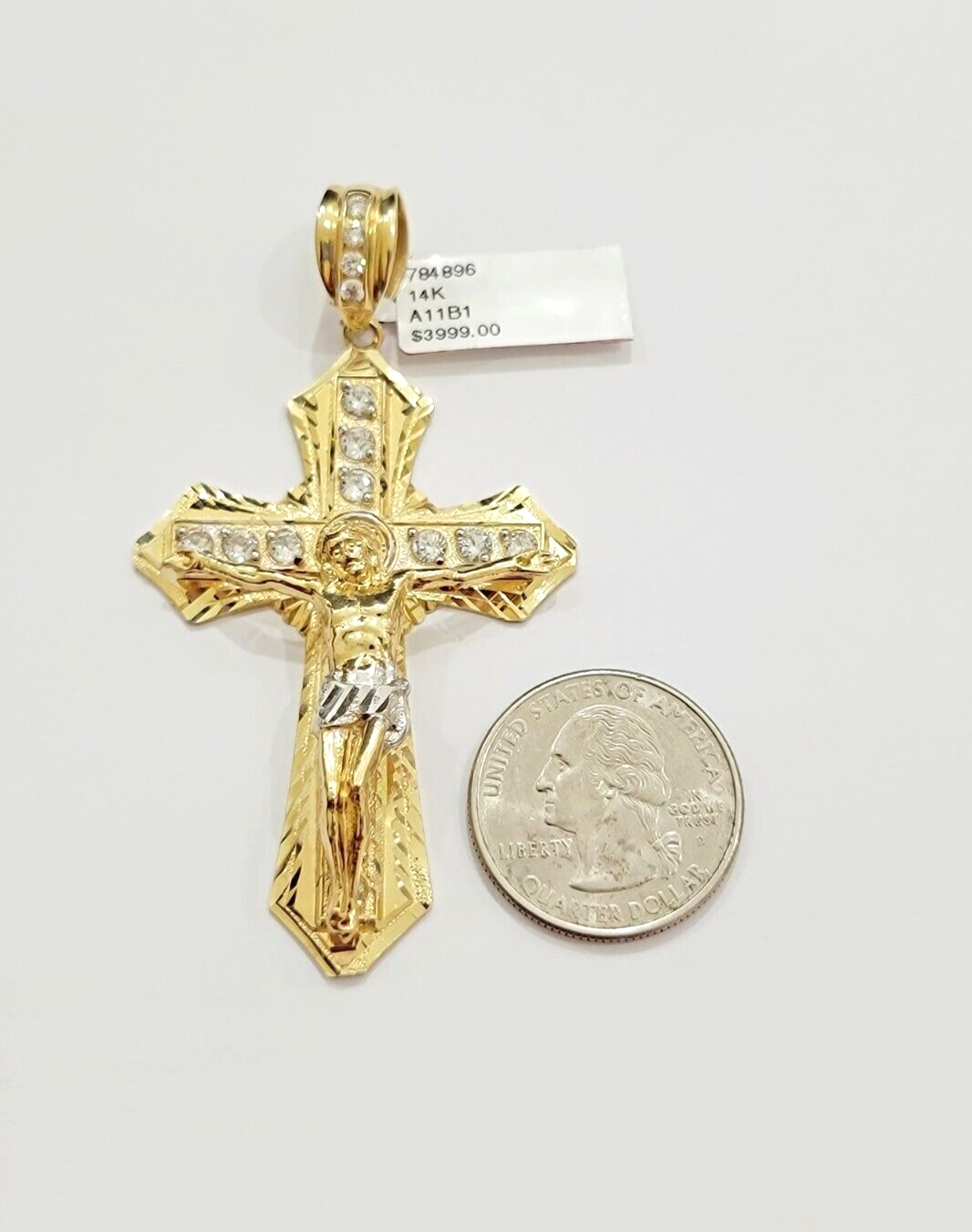 14k Yellow Gold Cross Jesus Crucifix Pendant 3 Inch 14kt CZ Charm Mens REAL 14kt