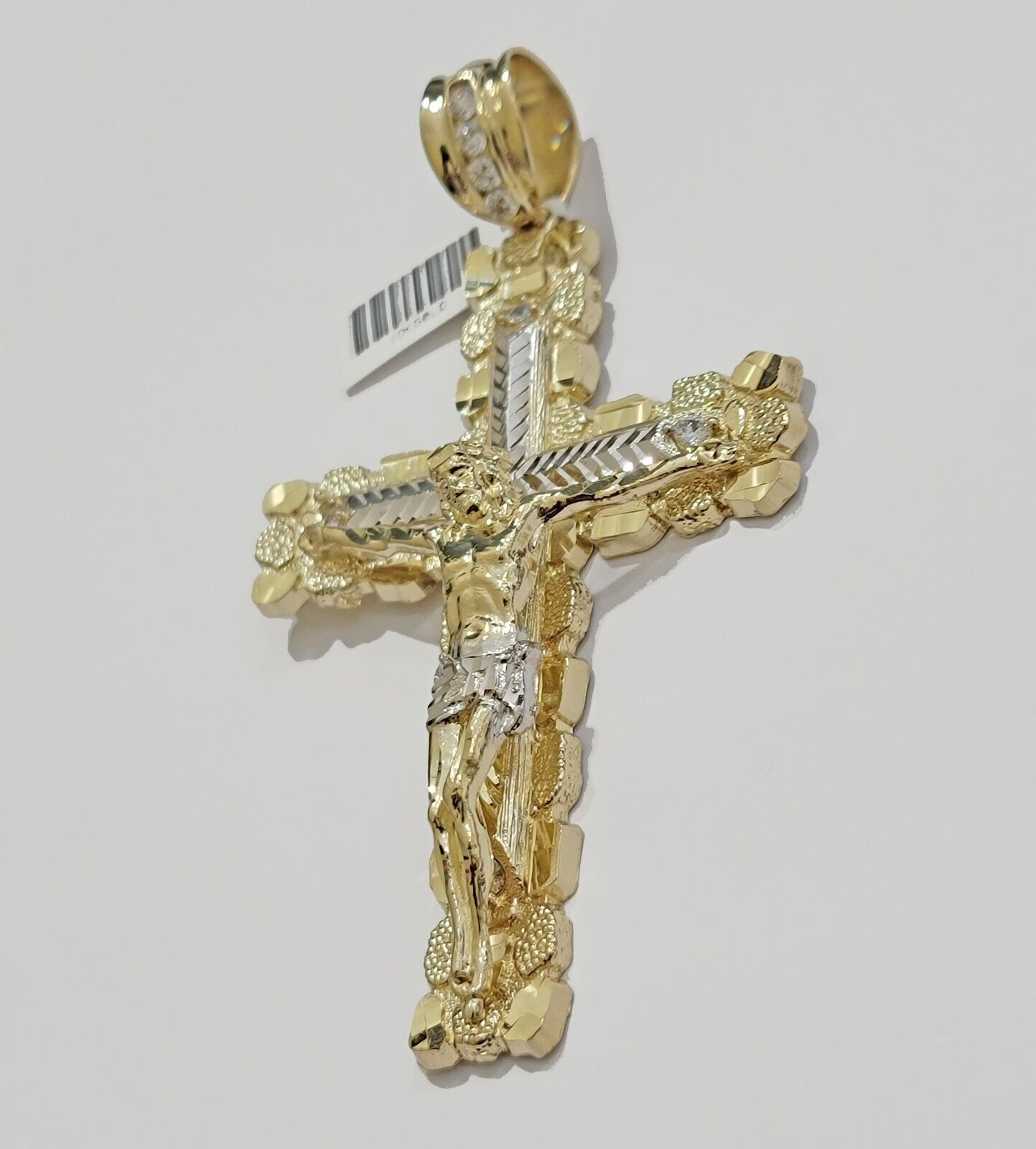 10k Yellow Gold Jesus Cross Charm pendant 4" Inch Mens With Stone, Real 10kt for Sale