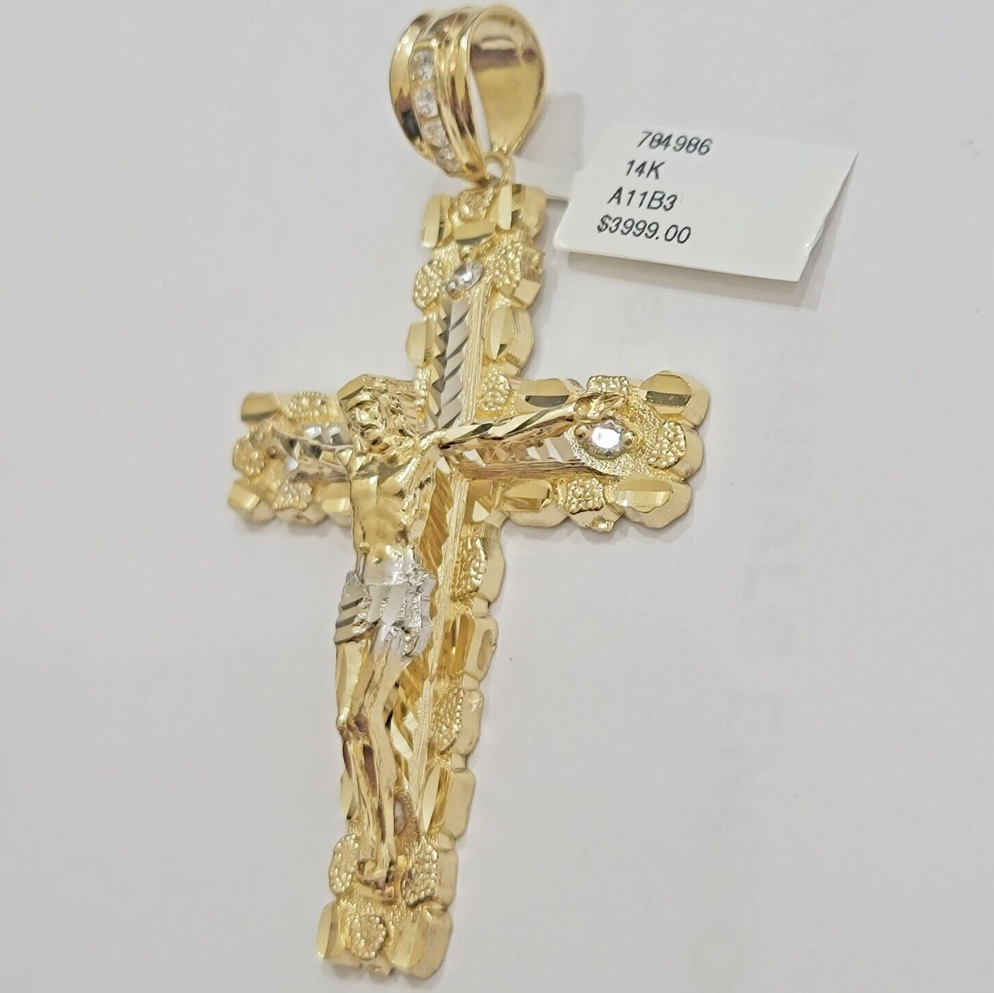 14k Yellow Gold Cross Nugget Pendant Jesus Crucifix 3.75"  14kt Gold Men's REAL