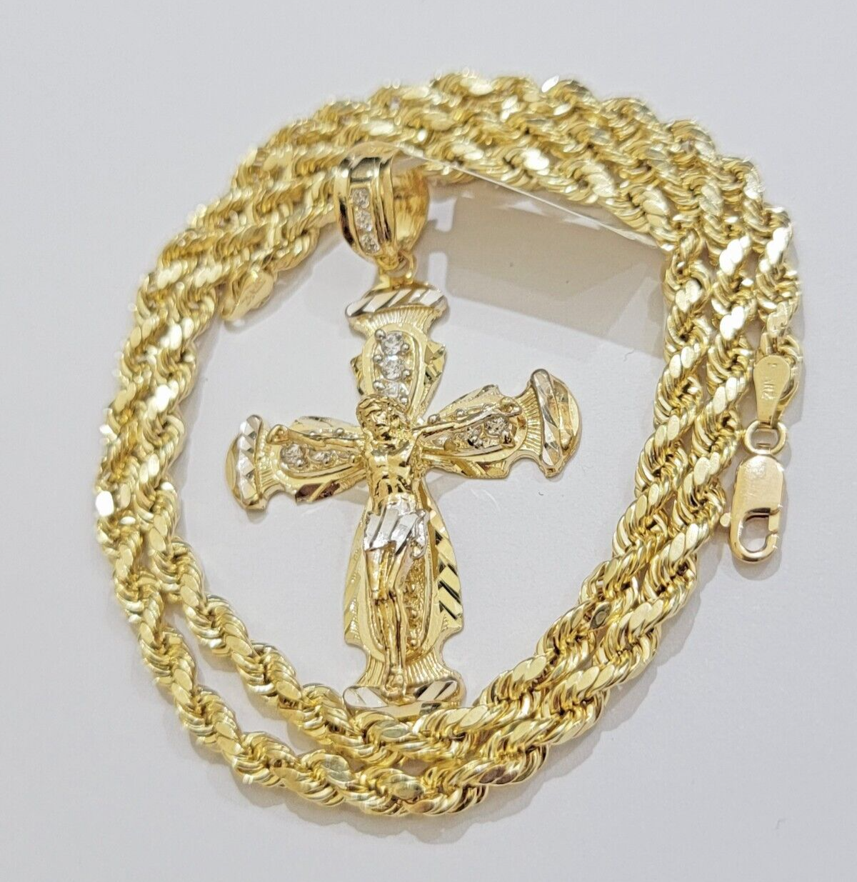 Real 10k Yellow Gold Cross Charm pendant Rope Chain Necklace 5mm 24" SET For Men