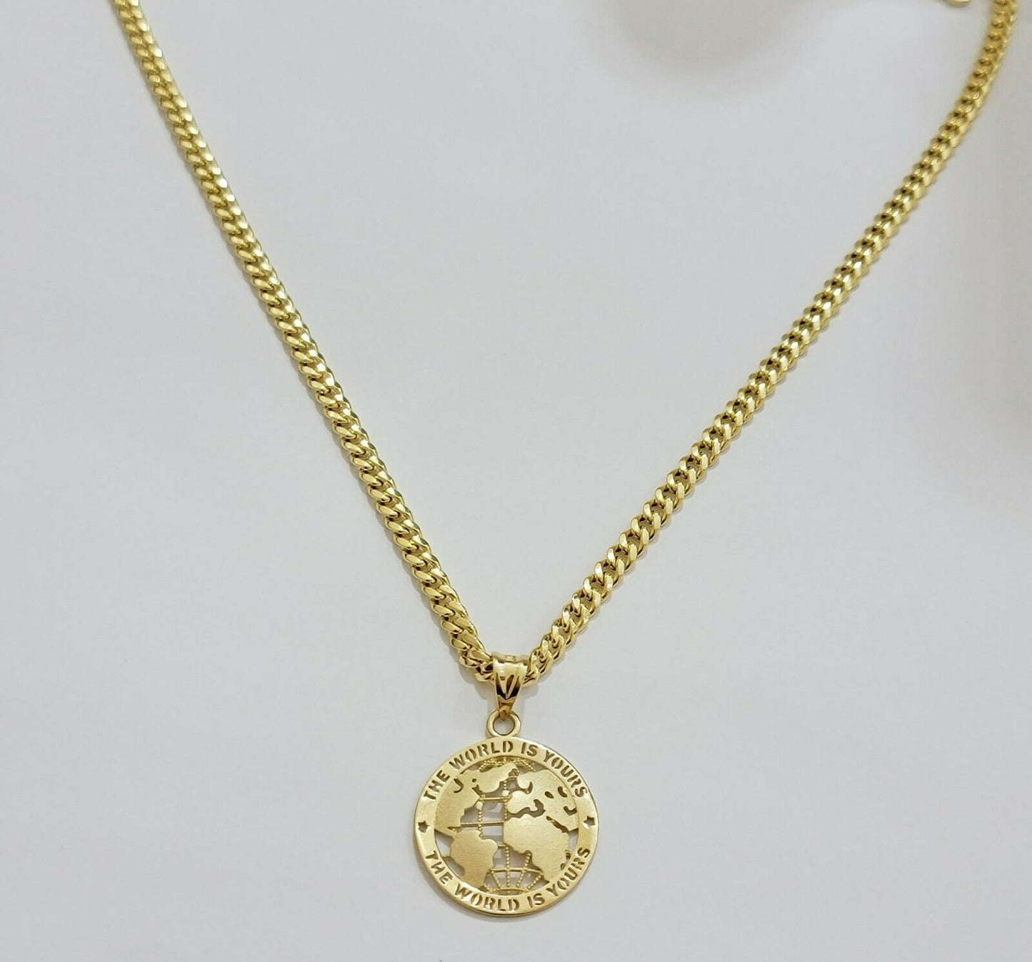 Real 10k Gold Miami Cuban 24" Chain Pendant Set 3.5mm Necklace World Map Charm